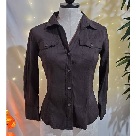 Theory Dulcie Linen Blend Stretchy Button Up Shirt Womens Size P Petite Brown - Picture 1 of 9